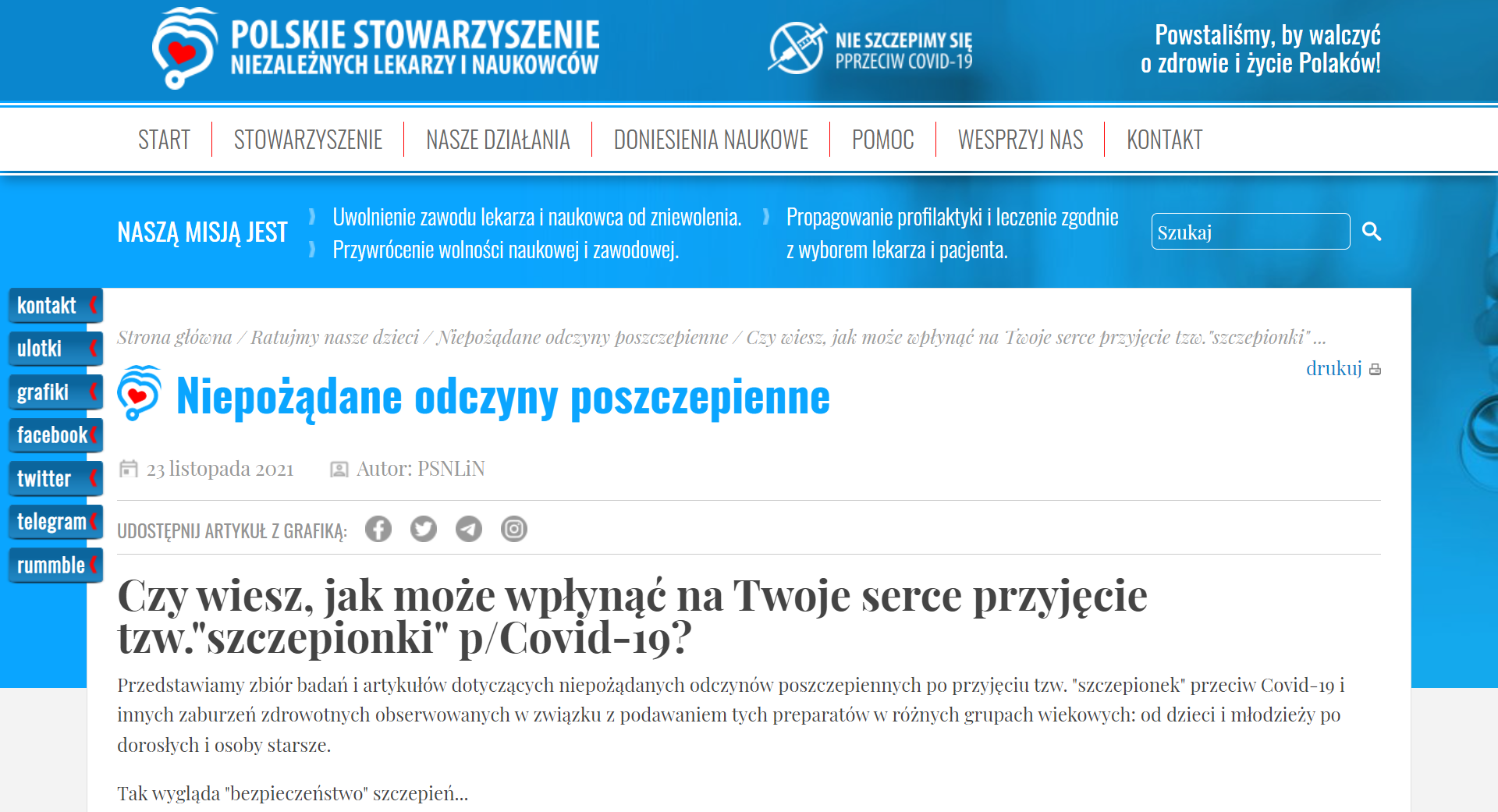 Nagłówek artykułu na stronie Polskiego Stowarzyszenia Niezależnych Lekarzy i Naukowców