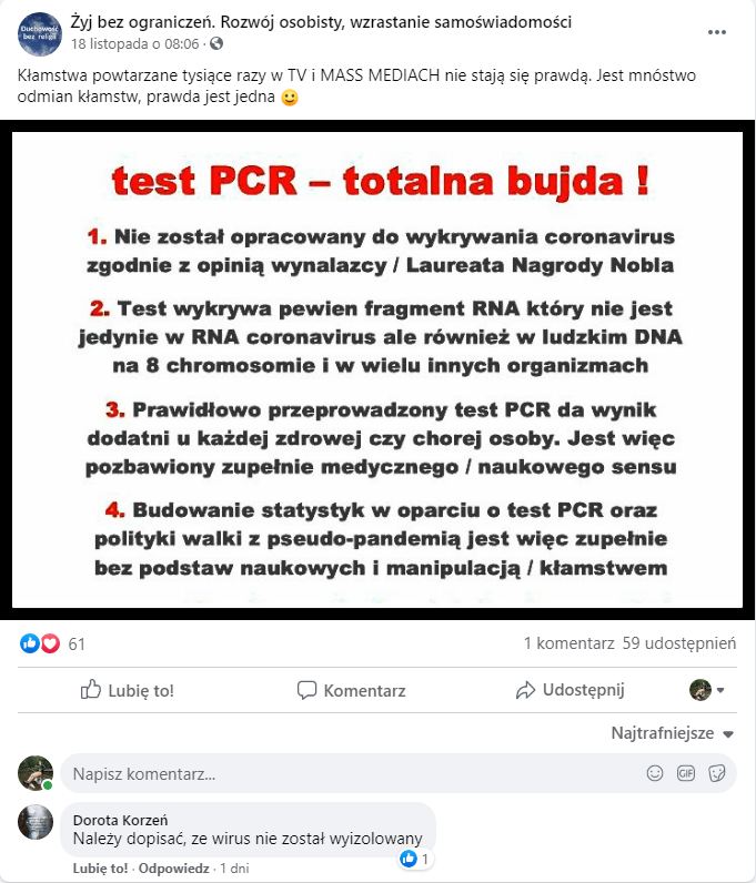 Wpis i komentarz z nieprawdziwymi tezami o testach PCR