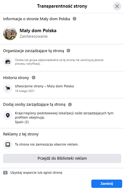 Sekcja "Transparentność strony" profilu "Mały dom Polska"