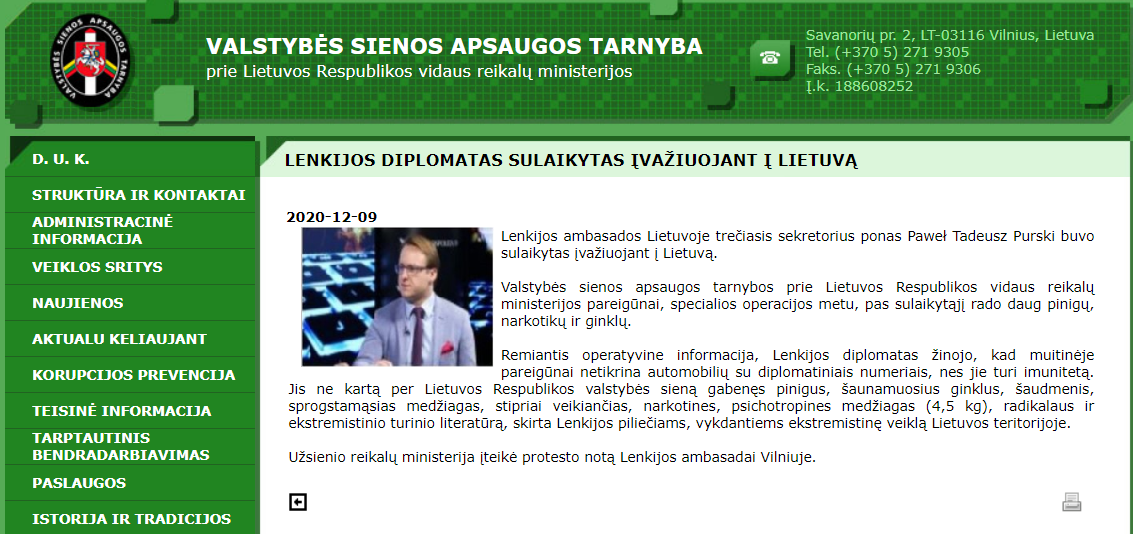 Komunikat, jaki ukazał się na internetowej witrynie litewskiej straży granicznej