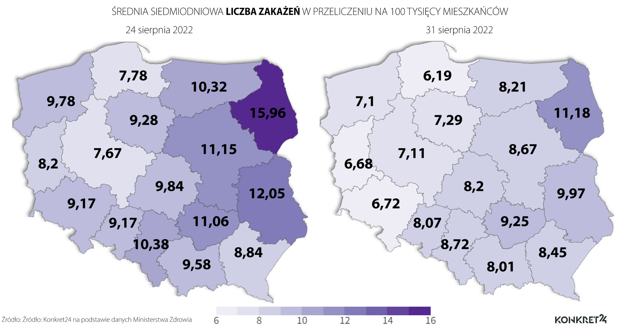 Średnia siedmiodniowa liczba zakażeń w przeliczeniu na 100 tysięcy mieszkańców województw (24 i 31 sierpnia 2022 roku)