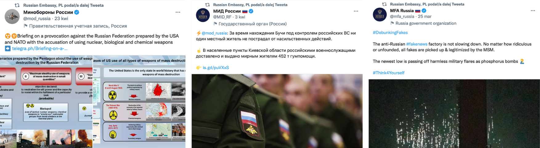 Rzekome amerykańskie prowokacje, zaprzeczanie zbrodni w Buczy, fałszywy fact-checking - te treści udostępniano na koncie ambasady Rosji w Polsce
