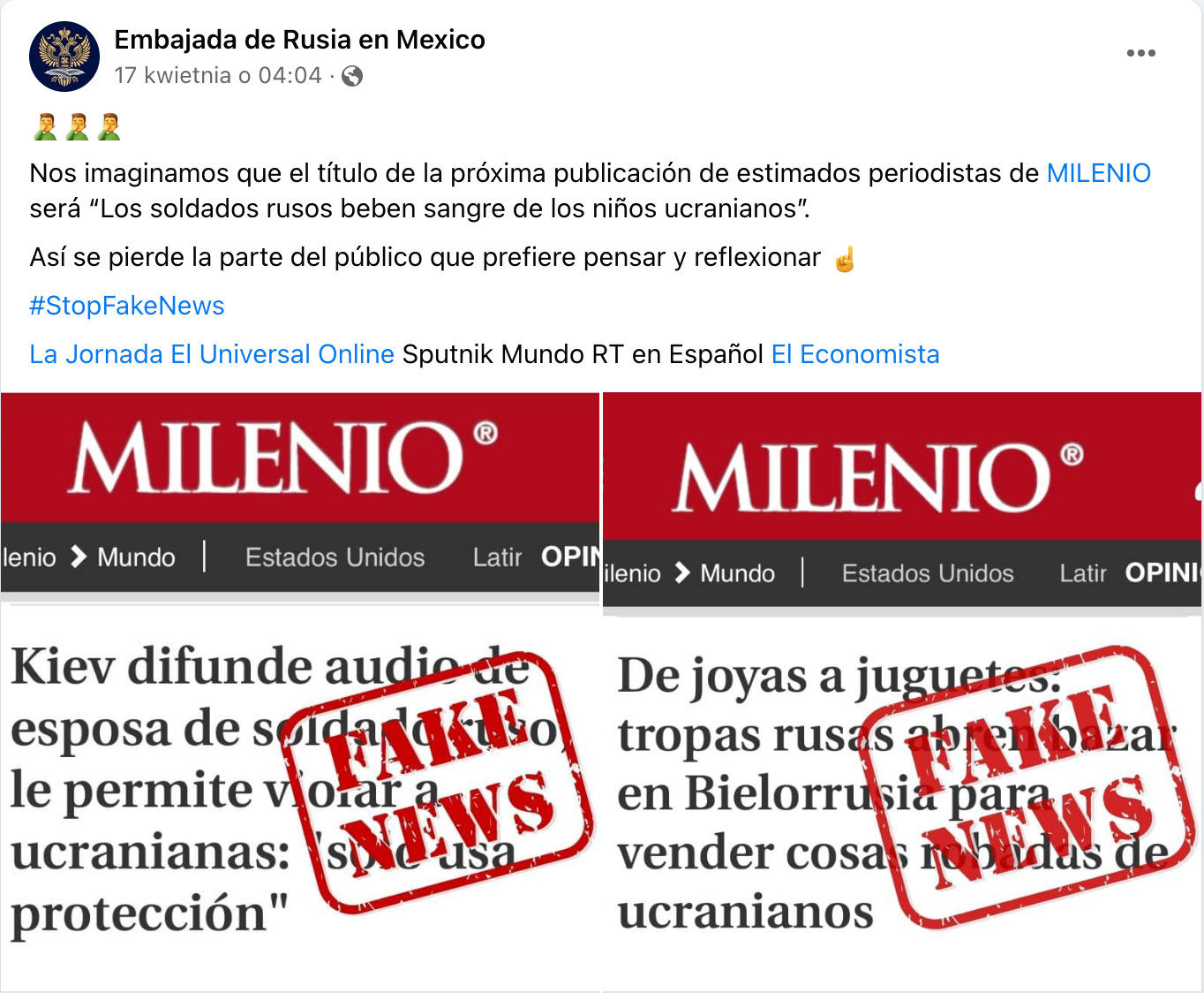 Wpis rosyjskiej ambasady w Meksyku o rzekomo fałszywych artykułach meksykańskiego dziennika
