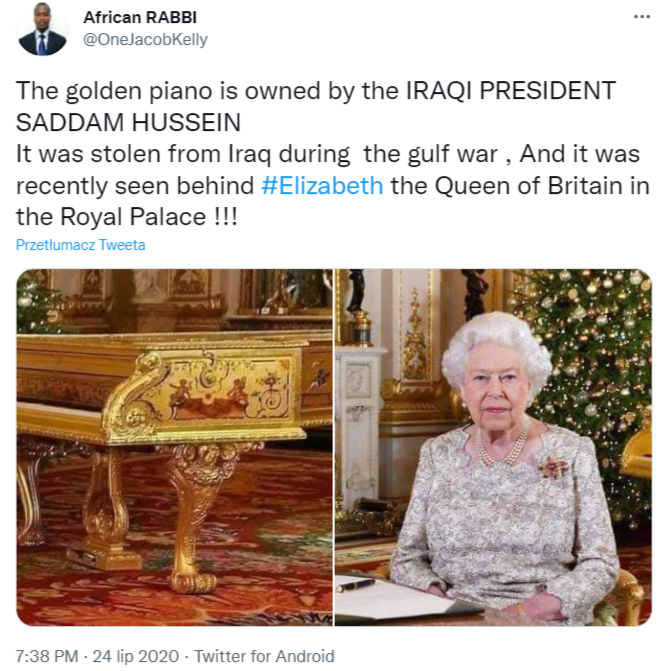 Tweet z fałszywą informacją, że złoty fortepian "został skradziony z Iraku podczas wojny w Zatoce Perskiej"