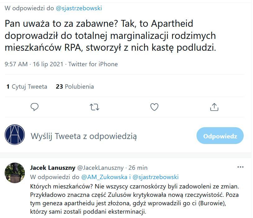 Komentarz Anny Marii Żukowskiej na Twitterze
