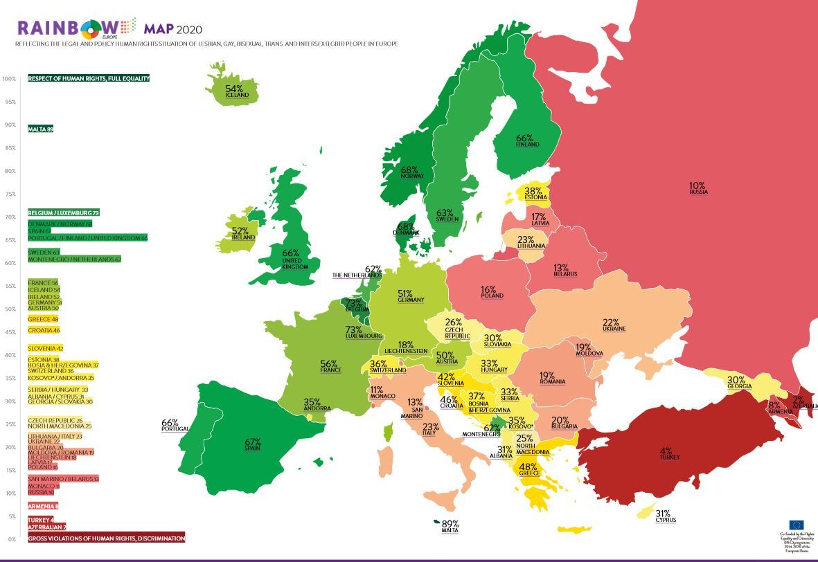 "Tęczowa mapa równości" osób LGBTIQ w Europie 