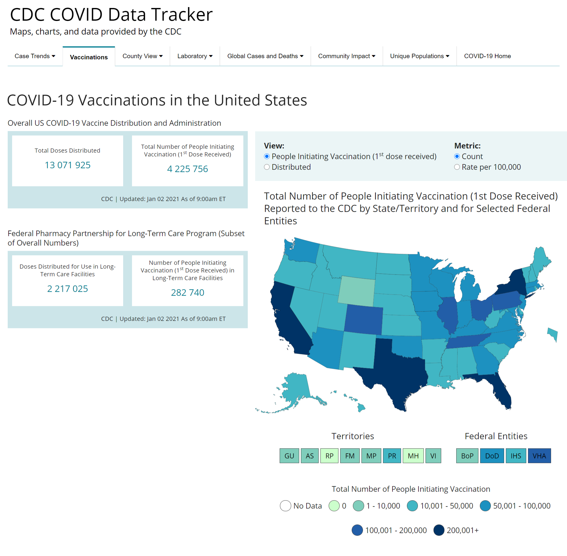 Statystyki szczepień przeciw COVID-19 w Stanach Zjednoczonych (stan na 4 stycznia 2021)