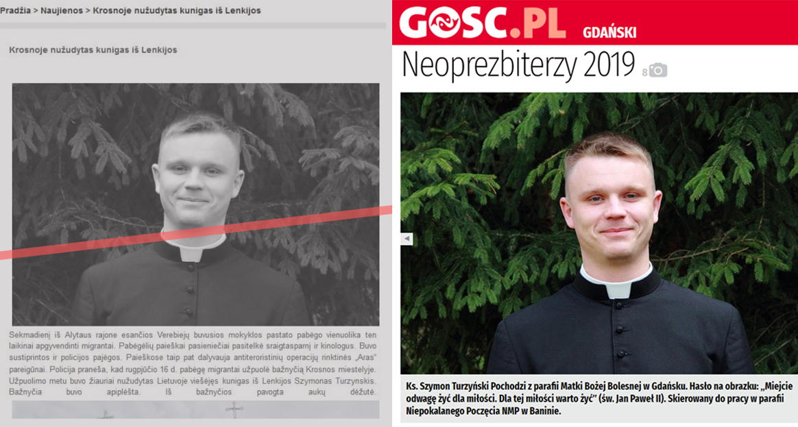 Po lewej zdjęcie duchownego umieszczone w fałszywej informacji. Po prawej - oryginał na stronie katolickiego tygodnika