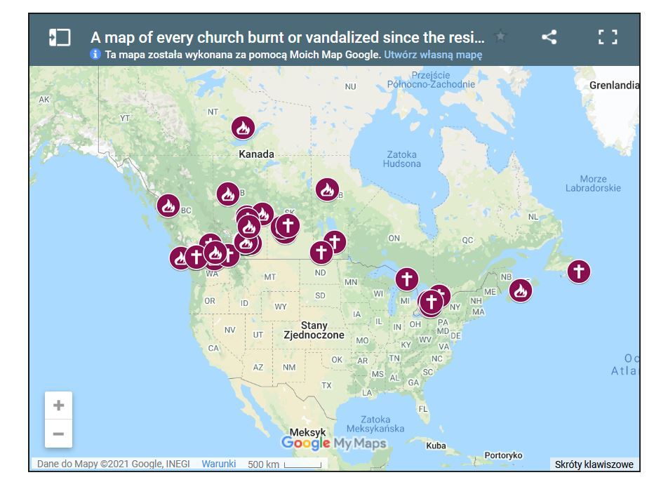 Mapa ataków na kościoły w Kanadzie