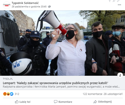 Wpis na profilu "Tygodnik Solidarność" na Facebooku