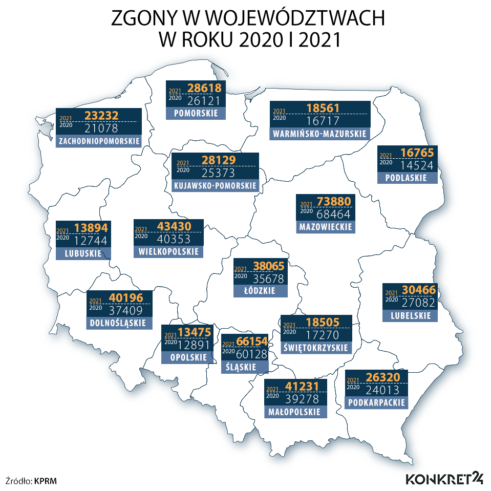 Zgony w województwach w roku 2020 i 2021