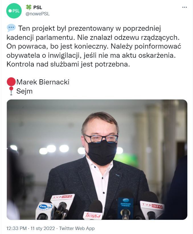 Poseł PSL Marek Biernacki zapowiada projekt ustawy o inwigilacji 