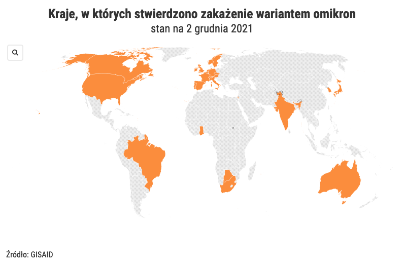 Kraje, w których stwierdzono zakażenie wariantem omikron na świecie