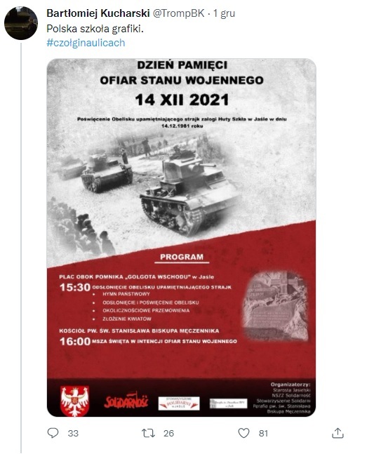 Na plakat zapowiadający uroczystości w Jaśle zwrócił uwagę  na Twitterze Bartłomiej Kucharski