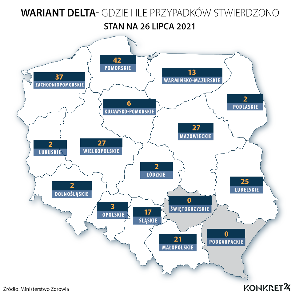 Wariant Delta wirusa SARS-CoV-2. Gdzie i ile przypadków stwierdzono w Polsce (stan na 26 lipca 2021)