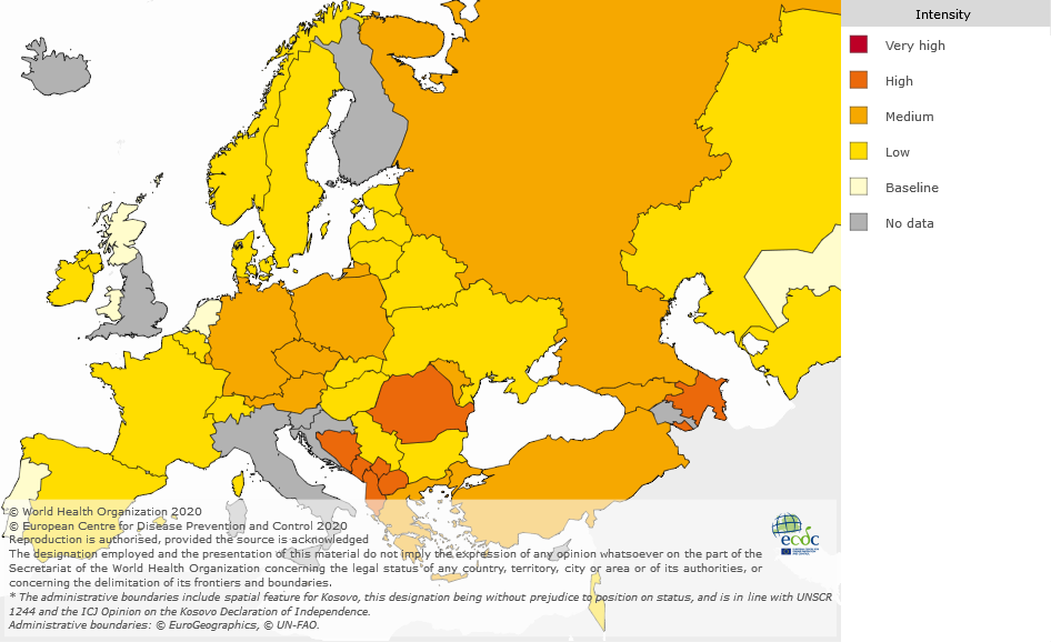 Mapa intensywności aktywności grypy w Europie