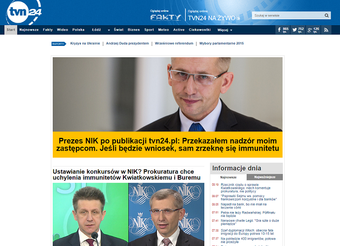 Archiwalna strona główna tvn24.pl z 28.08.2015 r.