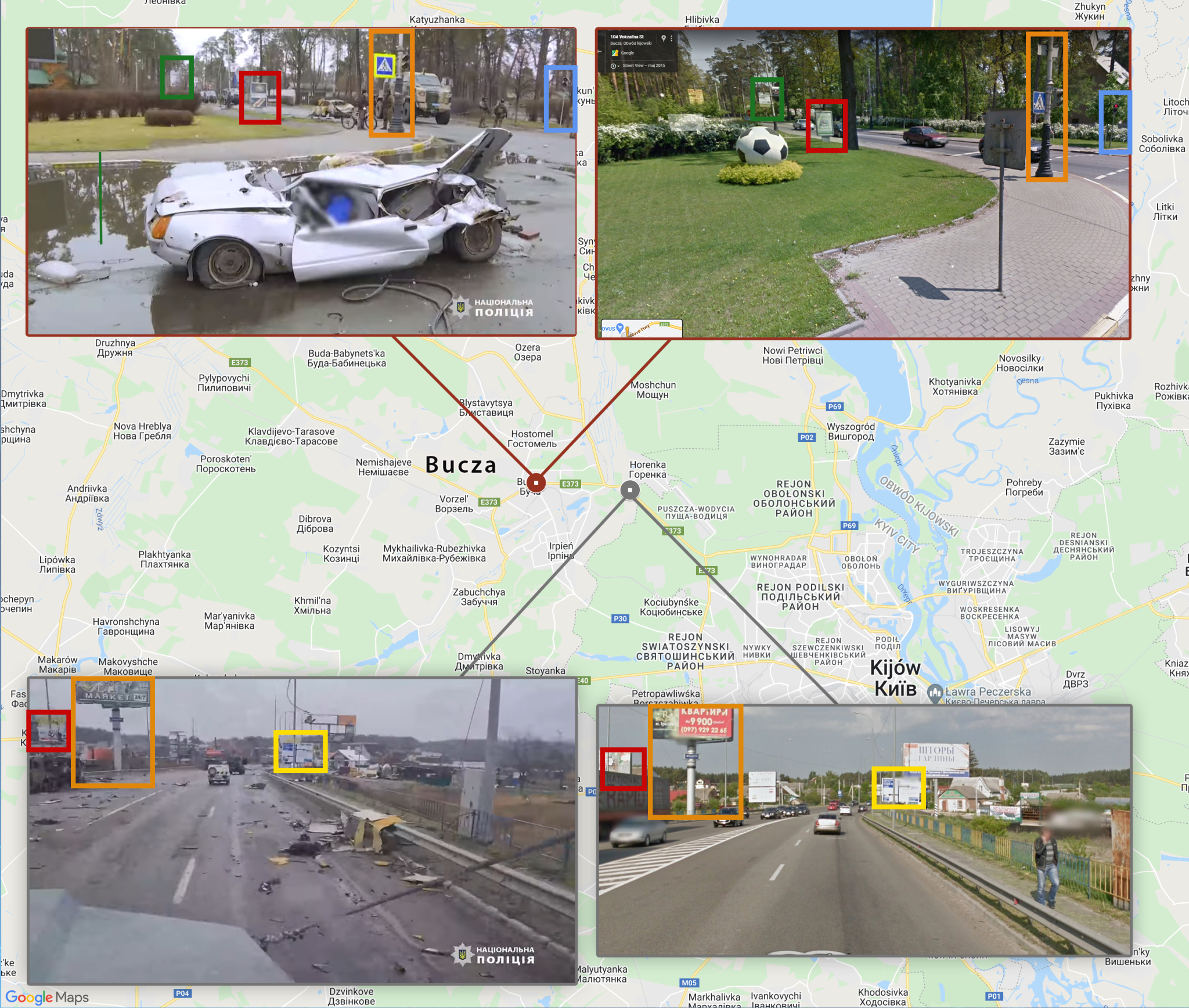 Sprawdziliśmy trasę pokazaną na filmie ukraińskiej policji - zaznaczyliśmy dwa miejsca, gdzie widać było ciała. W Google Maps potwierdziliśmy geolokalizację