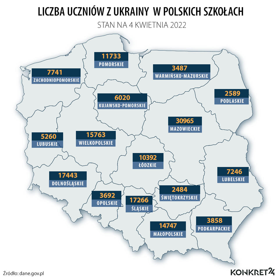 Liczba uczniów z Ukrainy w polskich szkołach (stan na 4 kwietnia 2022)