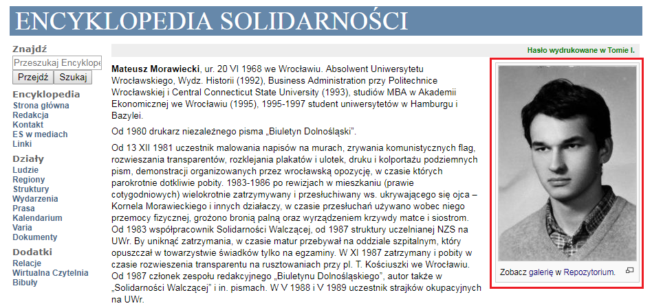 Zdjęcie młodego premiera w "Encyklopedii Solidarności"